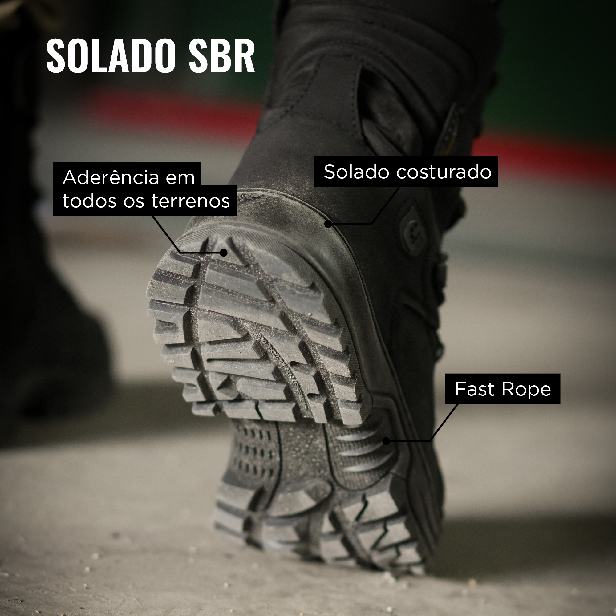 Coturno Brute Sigma com solado SBR blaqueado e sistema Fast Rope para máxima aderência e segurança