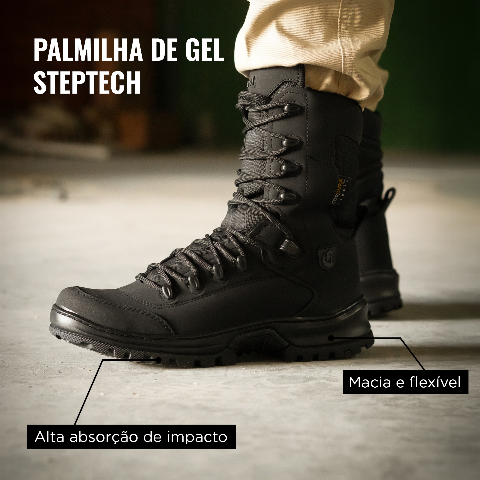 Coturno Brute Sigma com palmilha de gel Steptech para amortecimento e conforto superior