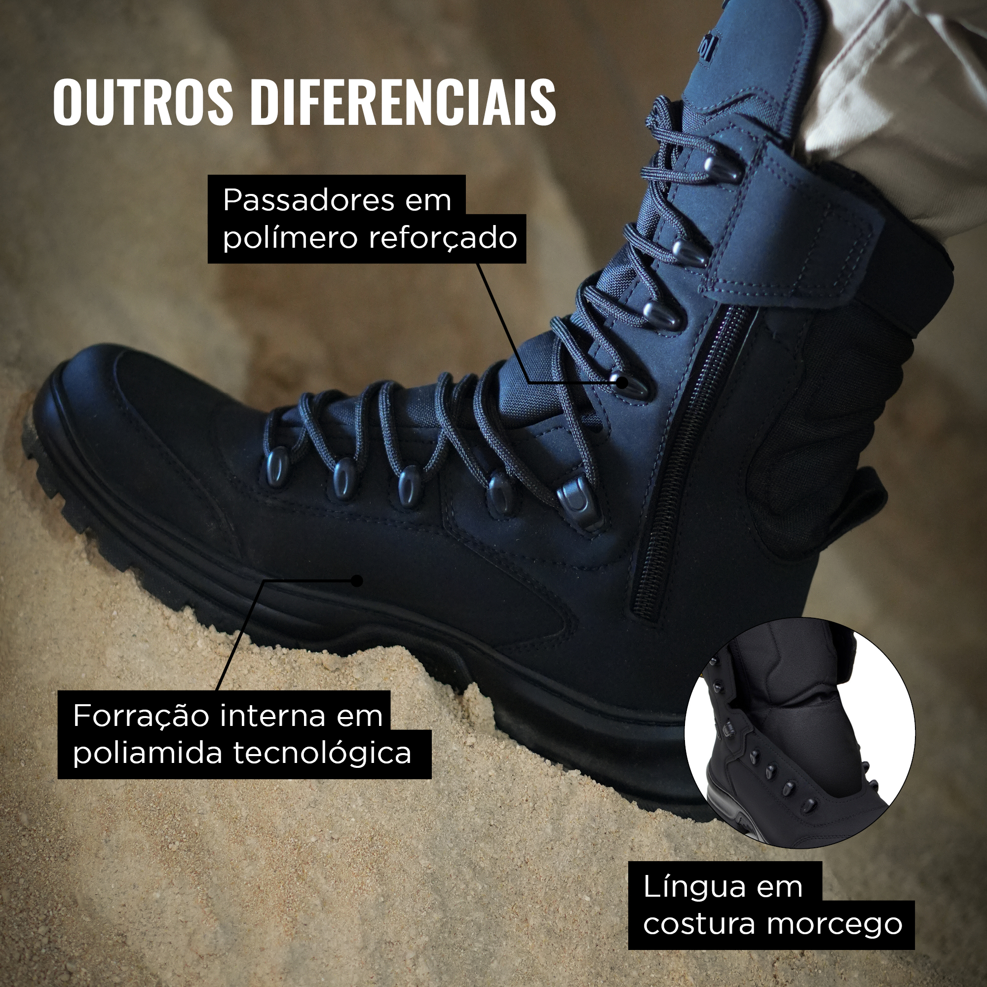 Coturno Brute Sigma com detalhes premium: passadores reforçados, costura morcego e forração tecnológica