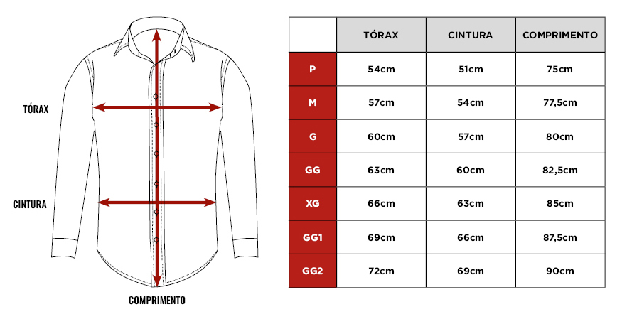 Tabela de medidas da Camisa Force Masculina
