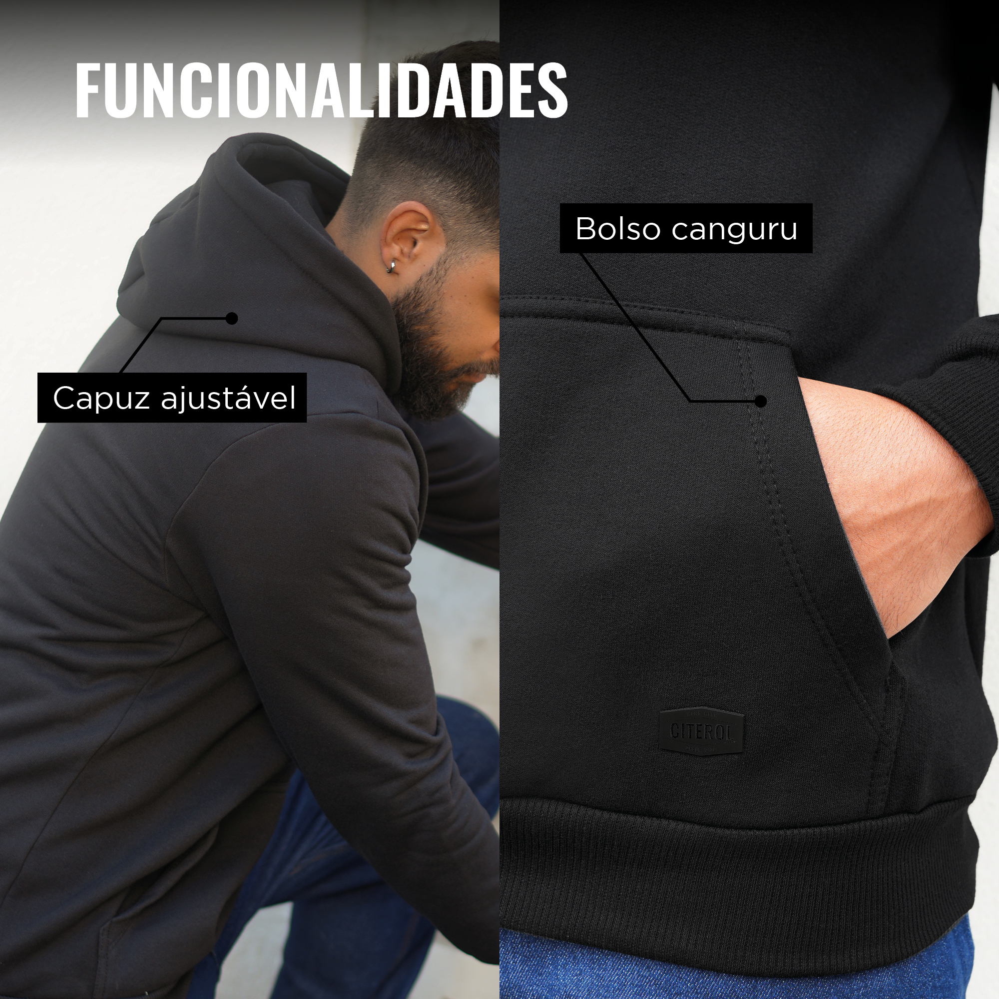 Moletom Preto Citerol - Bolso Canguru com interior peluciado e capuz ajustável