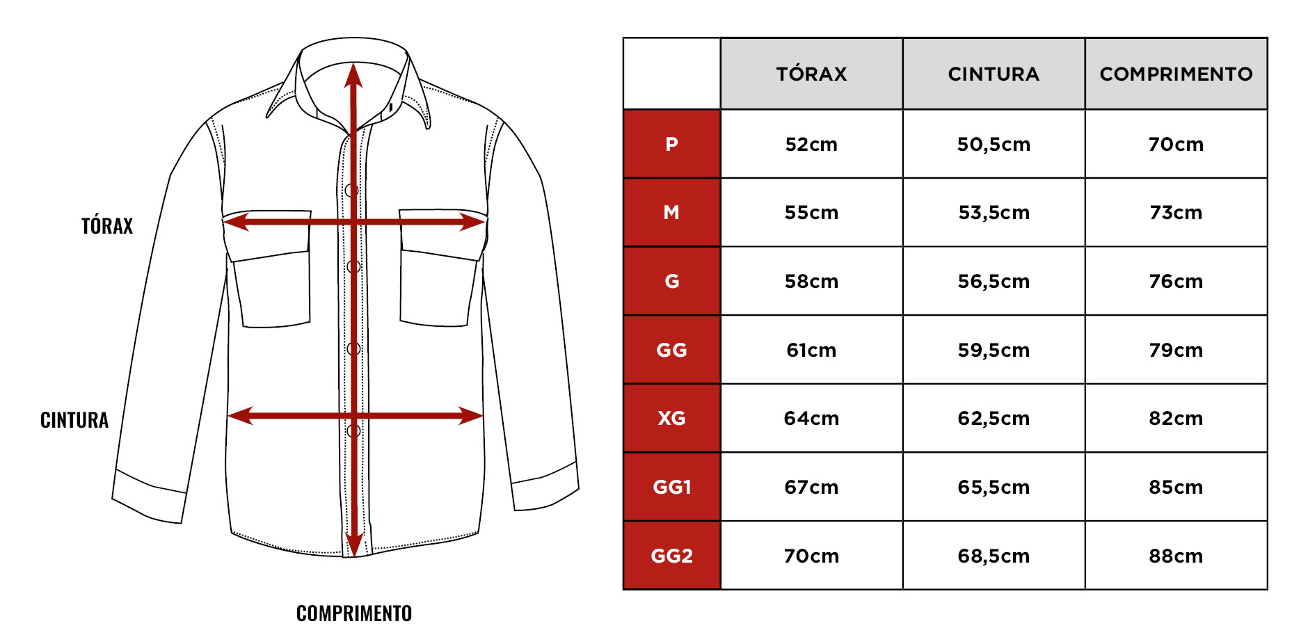 Tabela de medidas da Overshirt Citerol