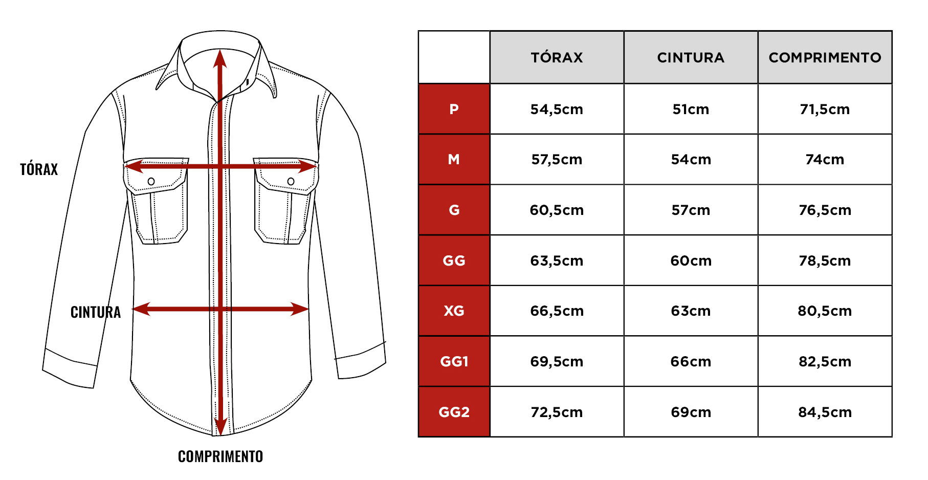 Tabela de medidas da Camisa Joe Citerol