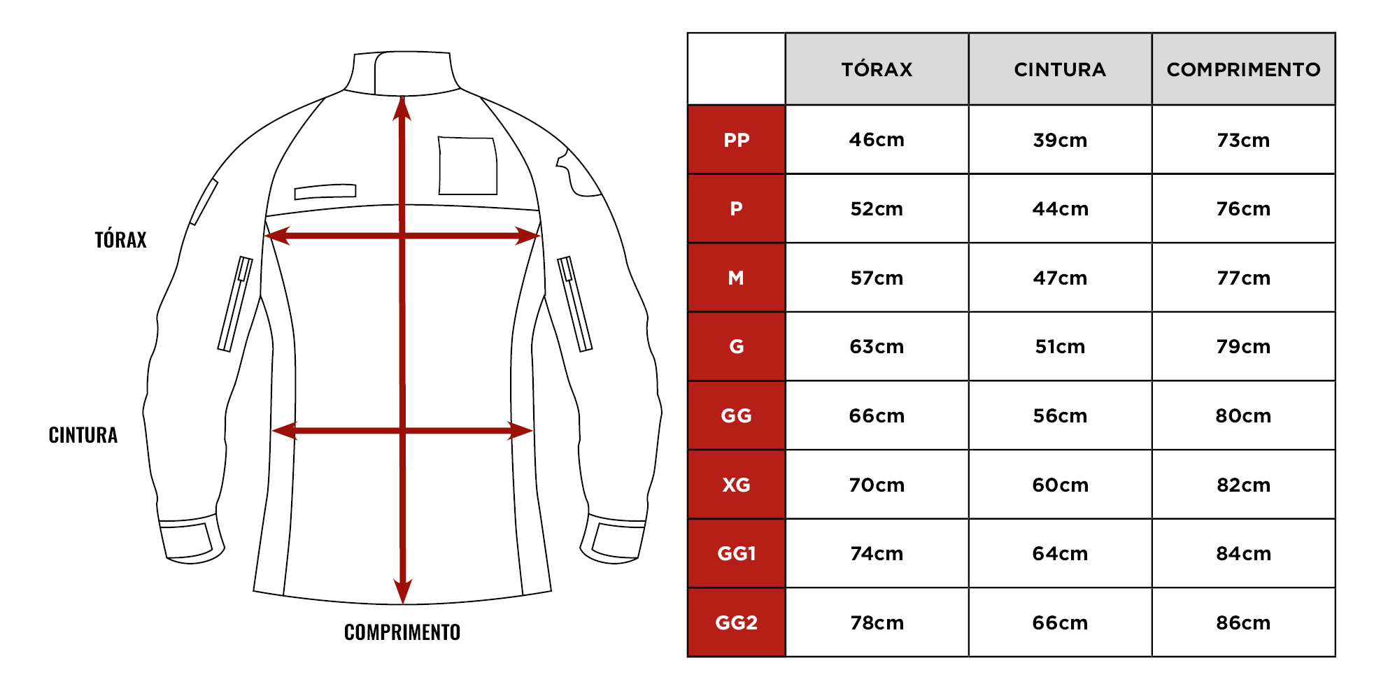 Tabela de medidas da Camisa De Combate Battle da Citerol