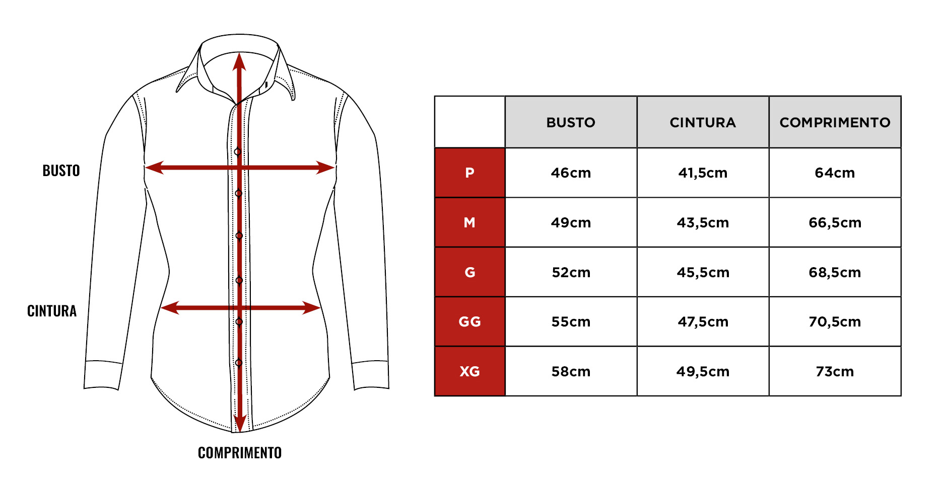 Tabela de medidas da Camisa Force Feminina
