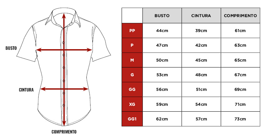 Tabela de medidas da camisa Citerol