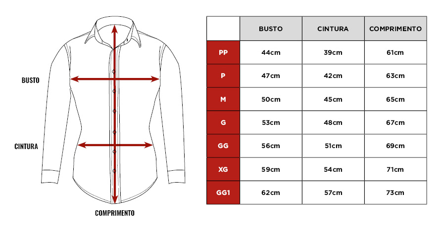 Tabela de medidas da camisa Citerol