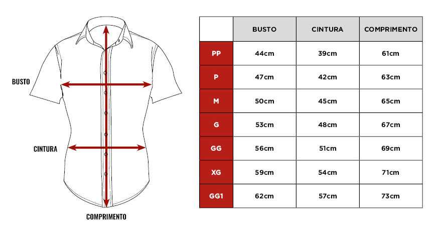 Tabela de medidas da camisa Citerol