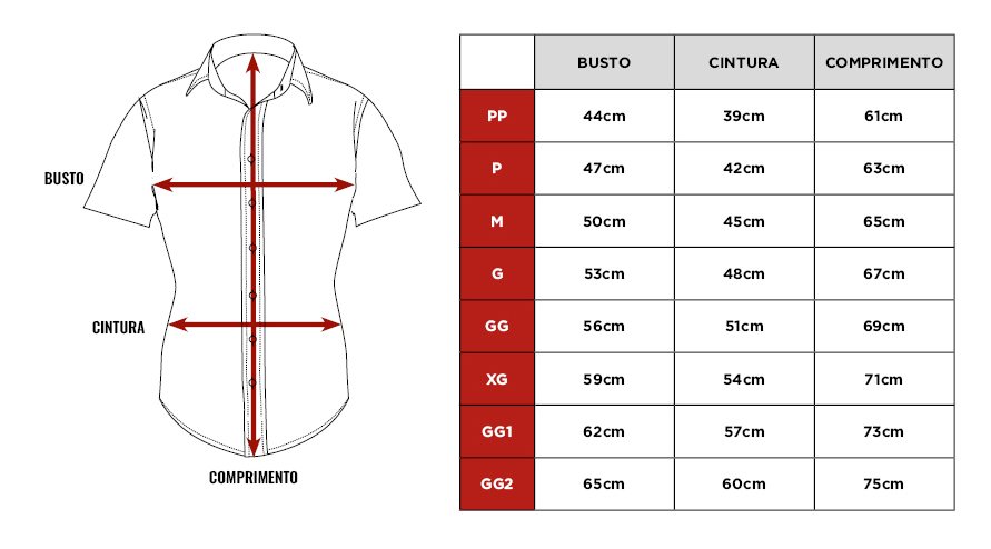 Tabela de medidas da camisa Citerol