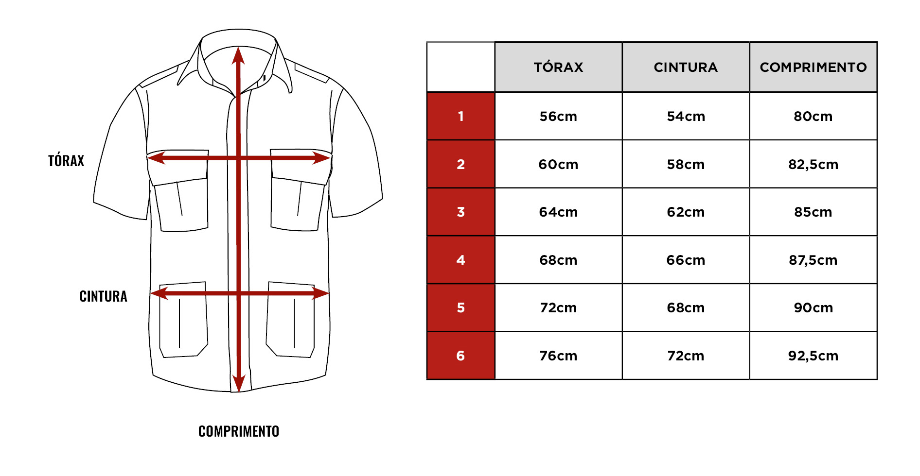 Tabela de medidas daBlusão Branco B13 Manga Curta Masculino PMMG Citerol