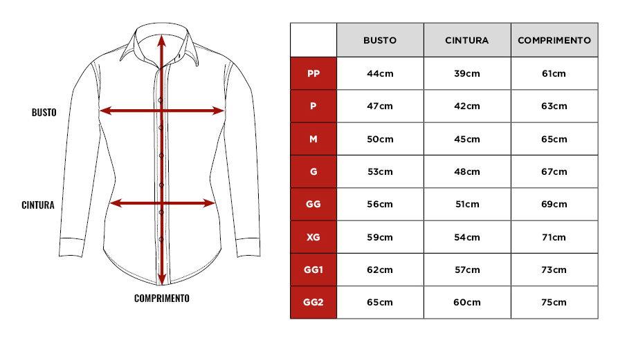 Tabela de medidas da camisa Citerol