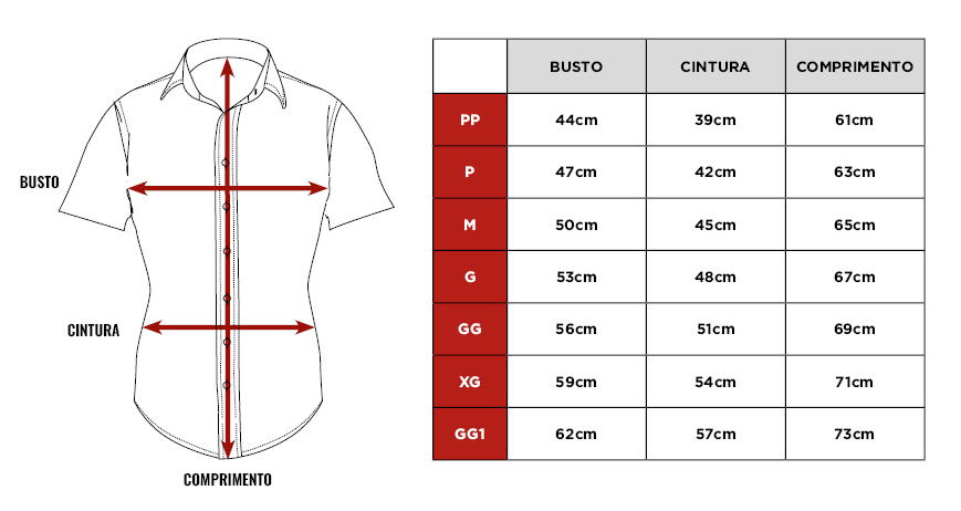 Tabela de medidas da camisa Citerol