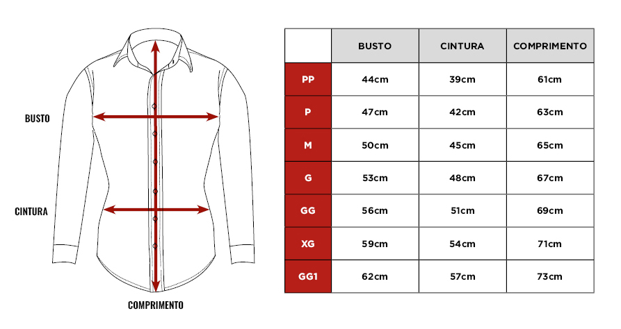 Tabela de medidas da camisa Citerol