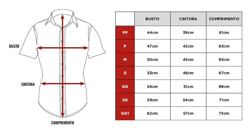 Tabela de medidas da camisa Citerol