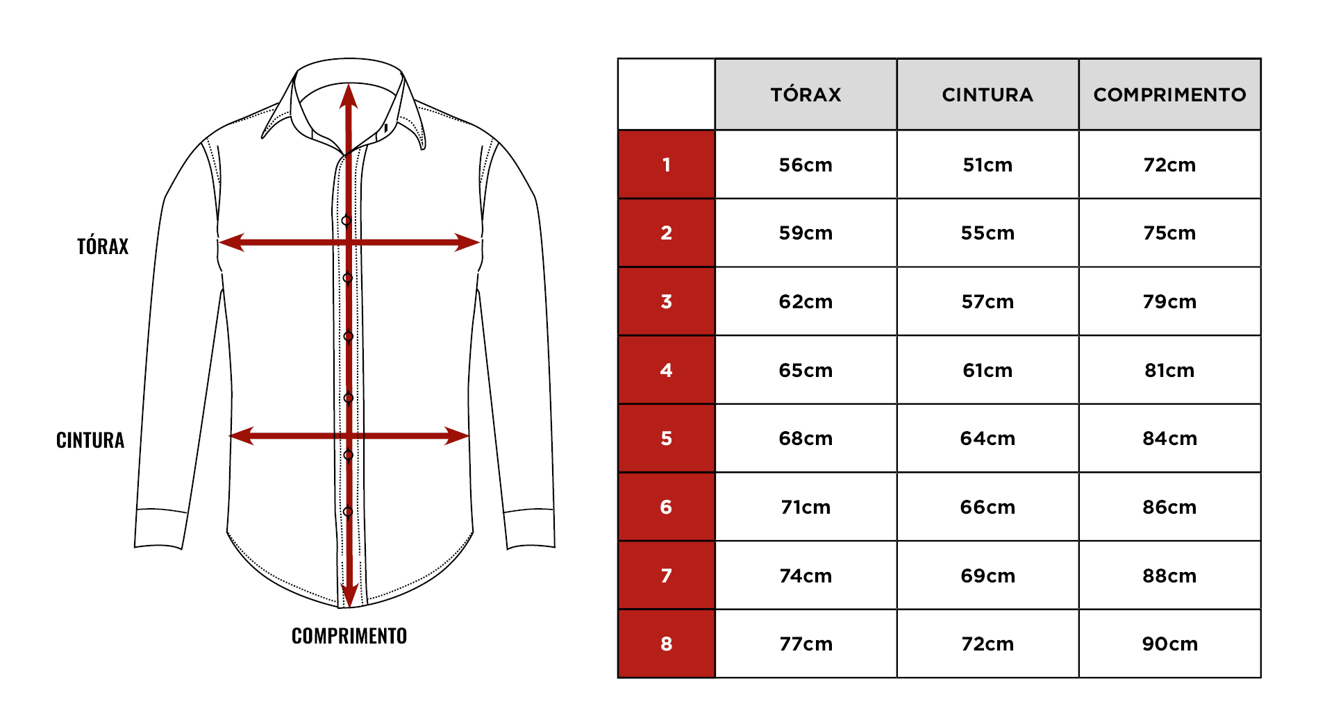 Tabela de medidas da camisa Citerol