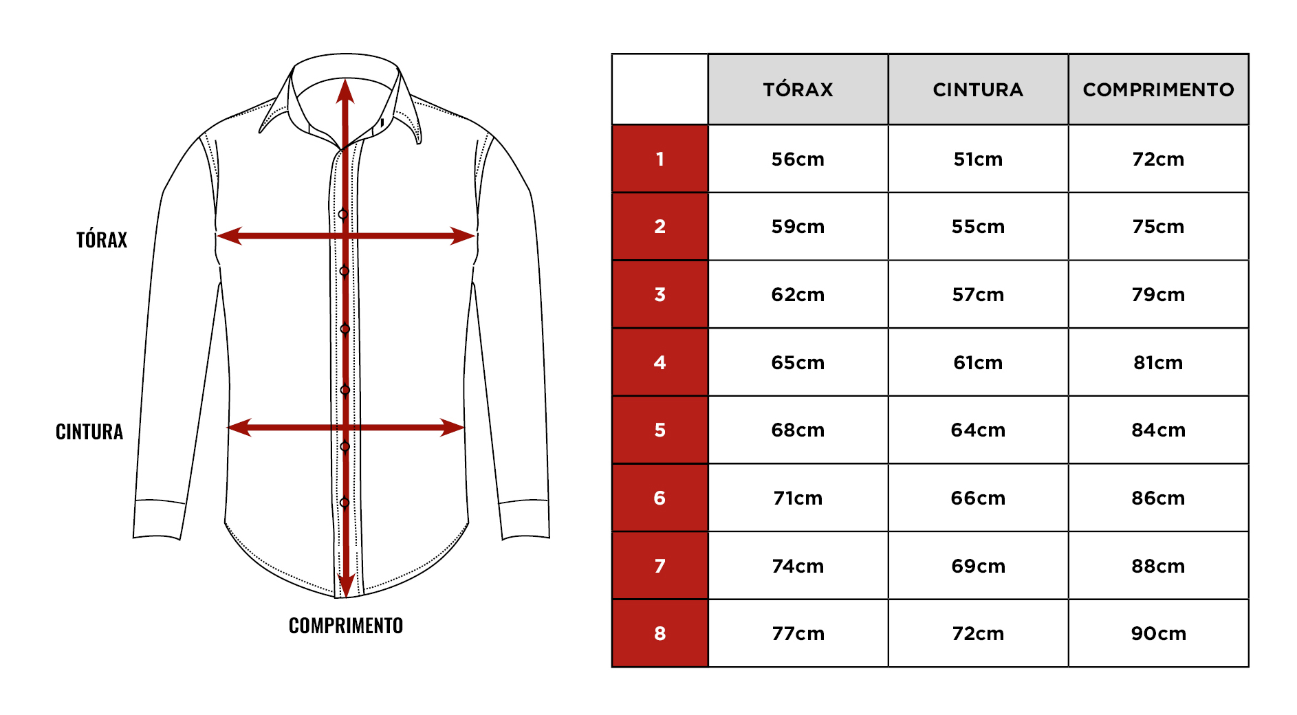 Tabela de medidas da camisa Citerol