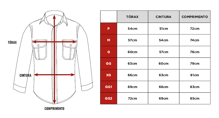Tabela de medidas da Jack Lenhador Citerol