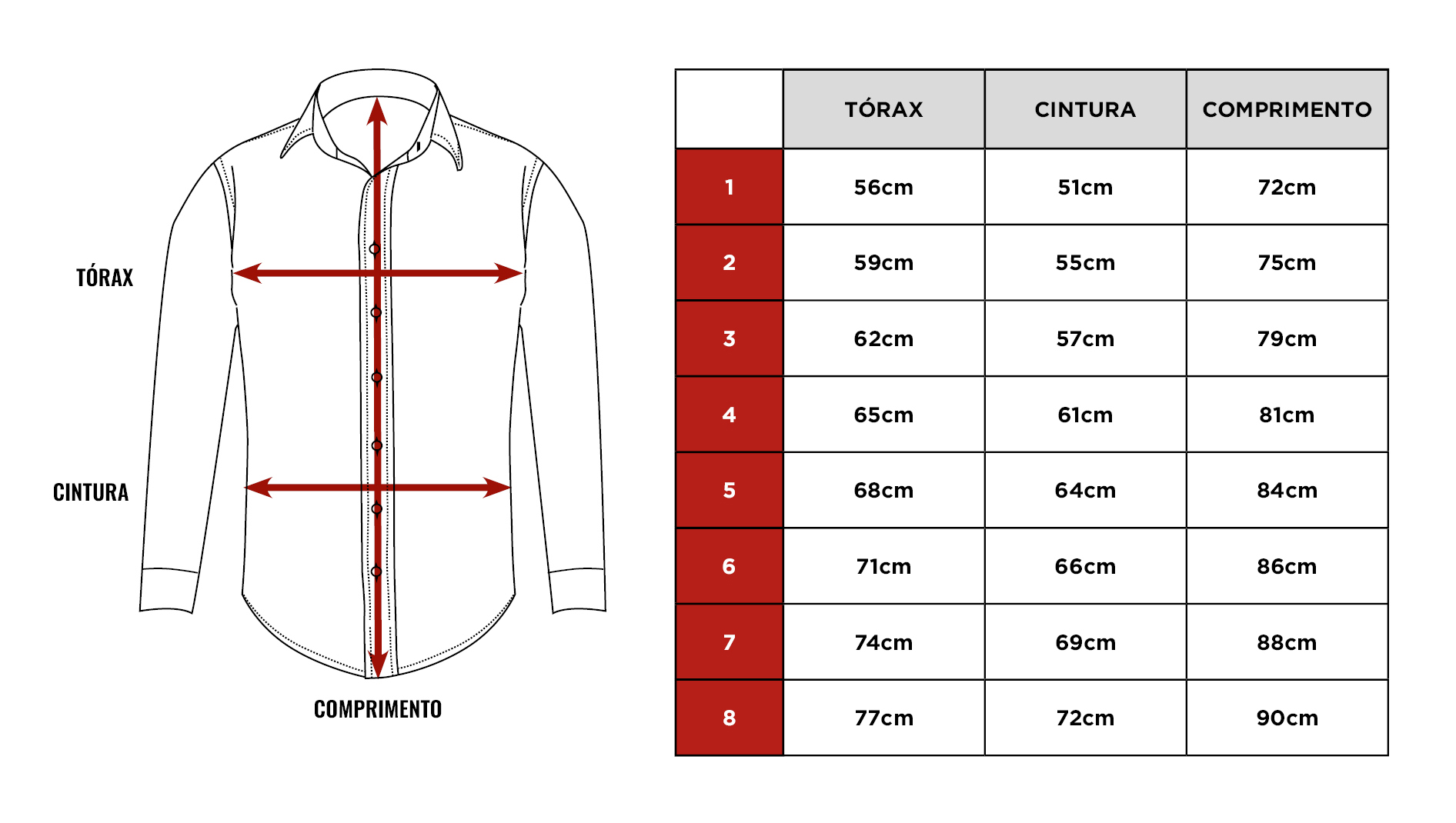Tabela de medidas da camisa Citerol