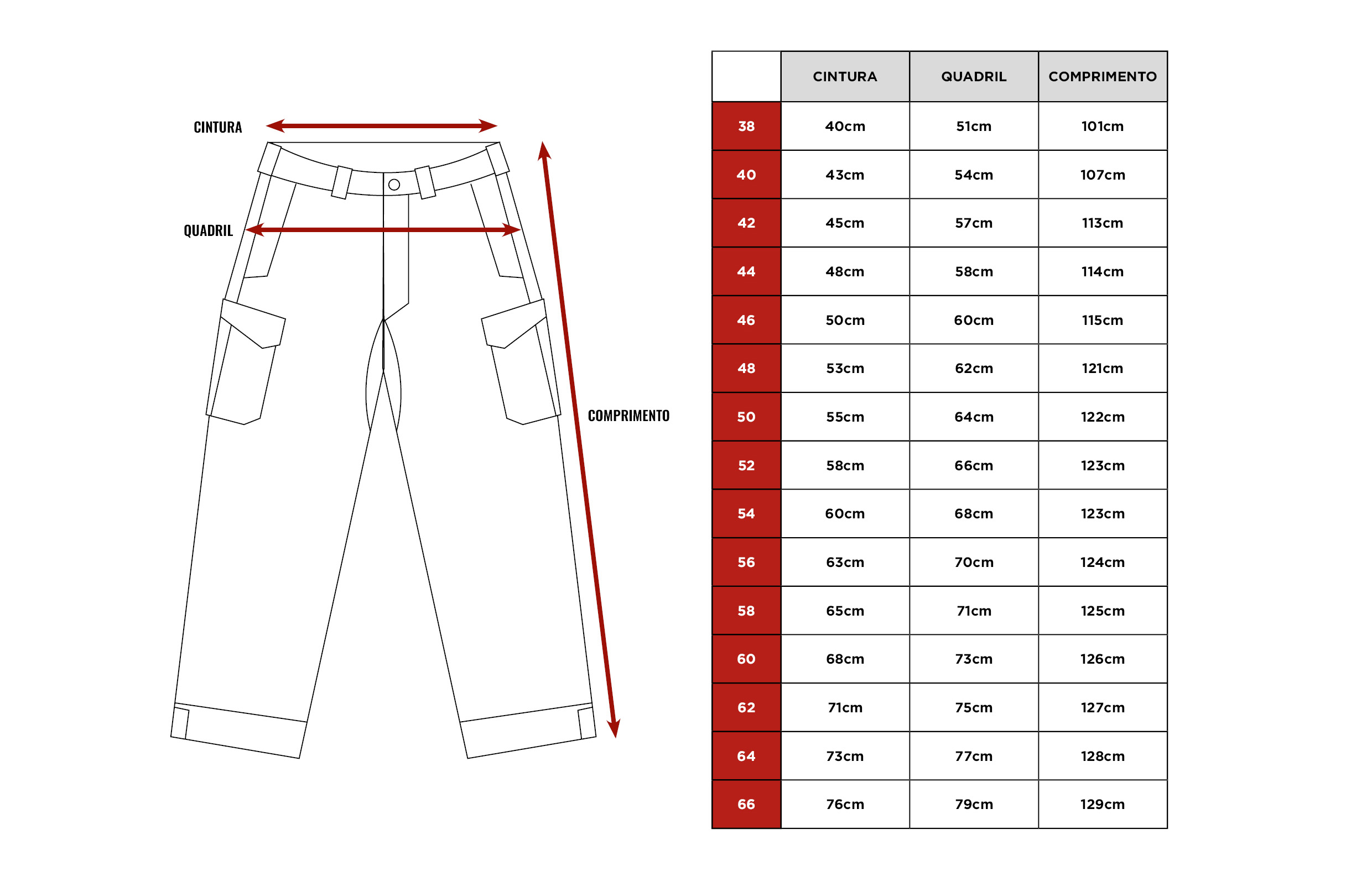 Tabela de medidas Calça B1