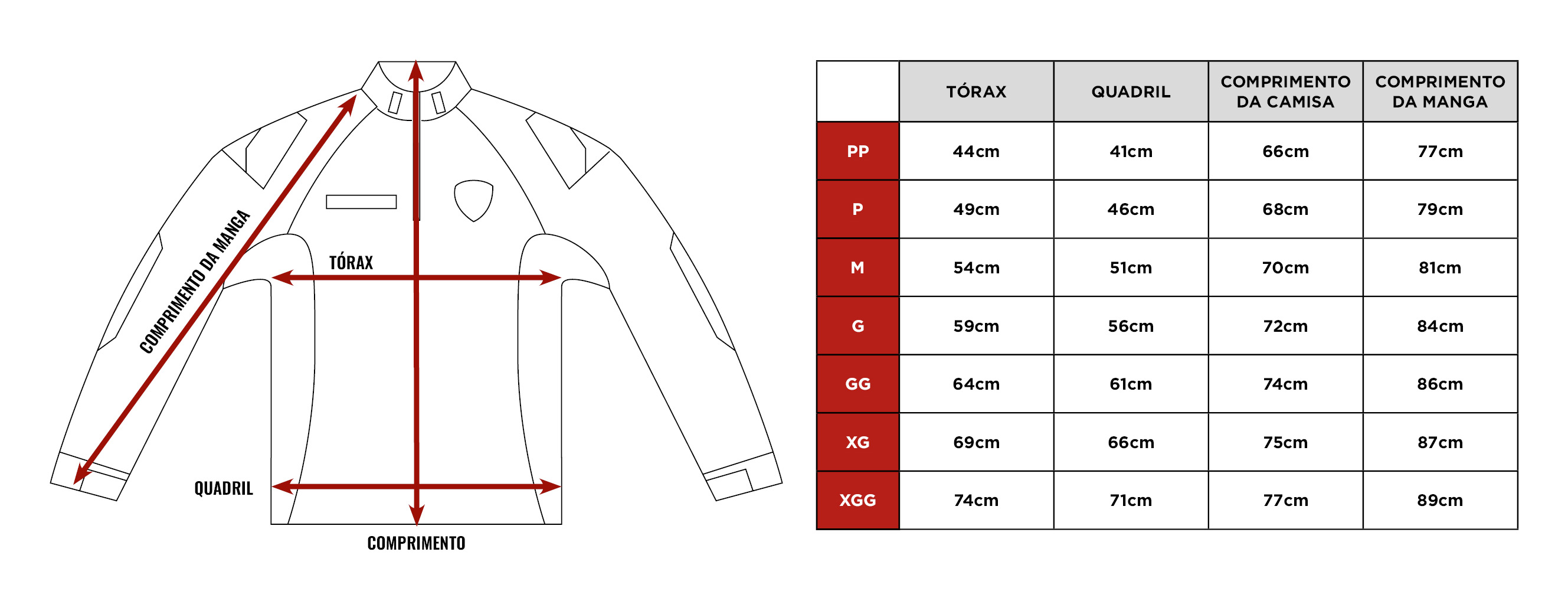 Tabela de medidas Camisa de Combate B1