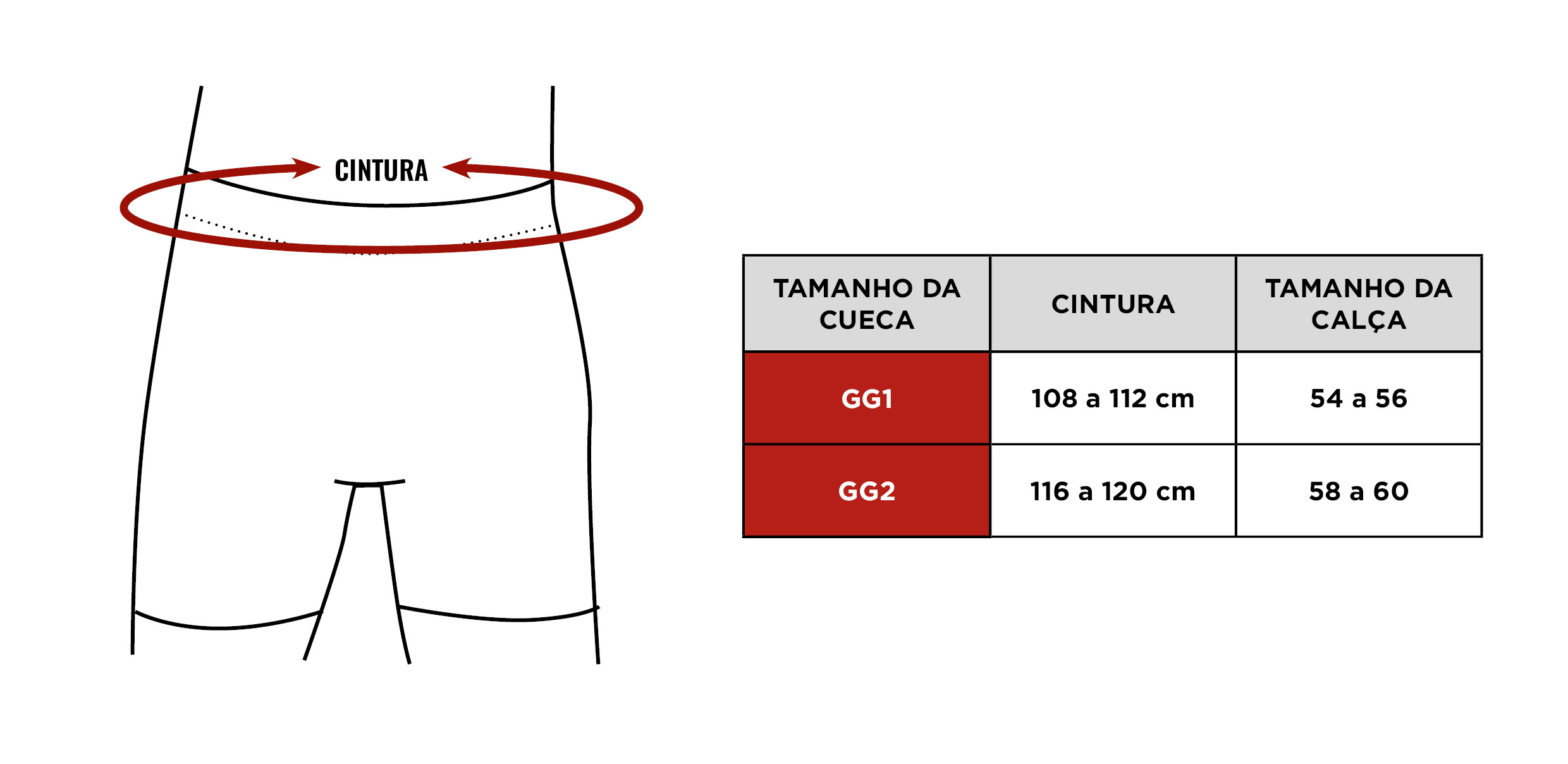 Tabela de medidas da Cueca de Microfibra