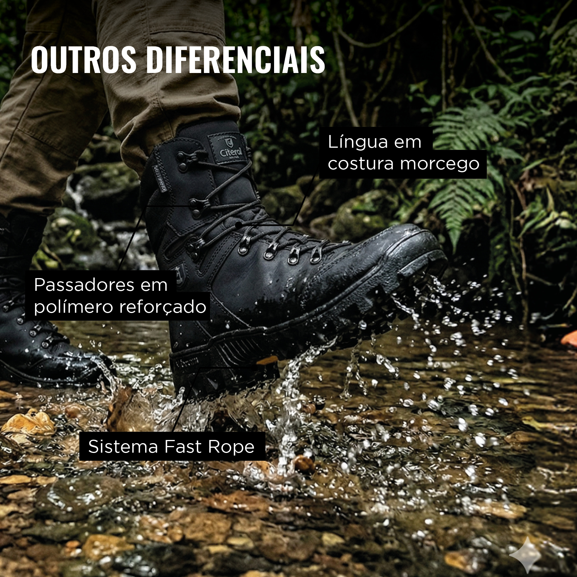 Língua em costura Morcego. Passadores em polímero reforçado. Sistema Fast Rope