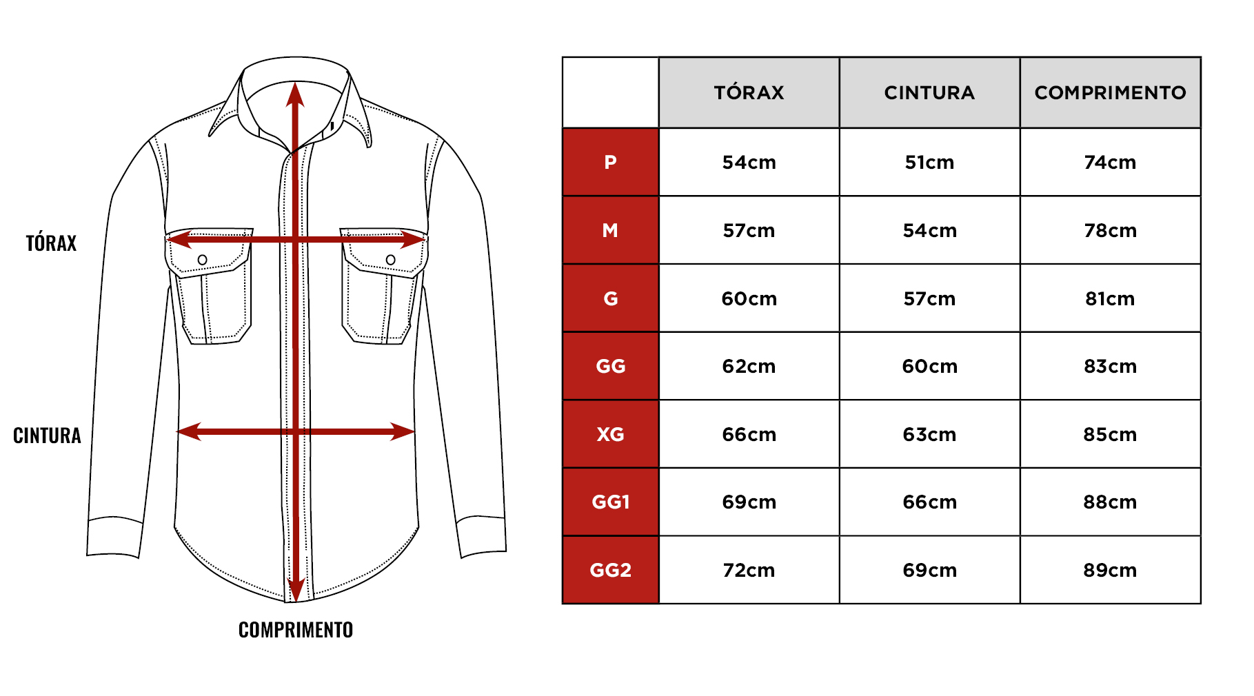 Tabela de medidas Camisa Rock